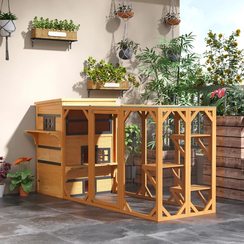 HKM-5116477 3-Tier Cat Shelter with 5 Escape Doors, Weather-Resistant Fir Wood, Yellow & Black