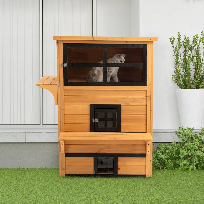 HKM-5116477 3-Tier Cat Shelter with 5 Escape Doors, Weather-Resistant Fir Wood, Yellow & Black