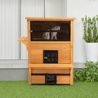 HKM-5116477 3-Tier Cat Shelter with 5 Escape Doors, Weather-Resistant Fir Wood, Yellow & Black
