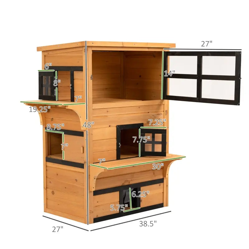 HKM-5116477 3-Tier Cat Shelter with 5 Escape Doors, Weather-Resistant Fir Wood, Yellow & Black