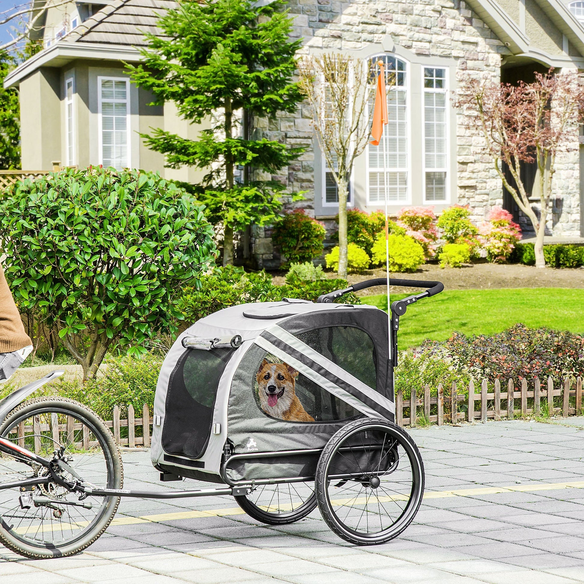 HKM-5118269 2-in-1 Pet Bike Trailer and Stroller for Small Dogs, Weather-Resistant with Safety Features