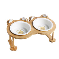 HKM-5118781 Tilted Ceramic Cat and Dog Bowl with Bamboo Stand - Heat-Resistant, Non-Slip Design