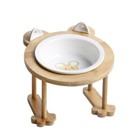 HKM-5118781 Tilted Ceramic Cat and Dog Bowl with Bamboo Stand - Heat-Resistant, Non-Slip Design
