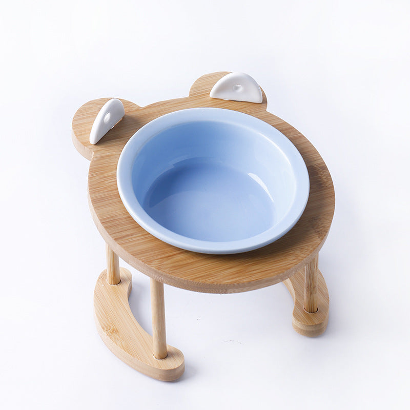 HKM-5118781 Tilted Ceramic Cat and Dog Bowl with Bamboo Stand - Heat-Resistant, Non-Slip Design