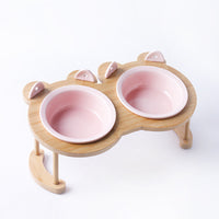 HKM-5118781 Tilted Ceramic Cat and Dog Bowl with Bamboo Stand - Heat-Resistant, Non-Slip Design