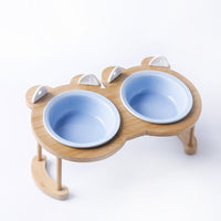 HKM-5118781 Tilted Ceramic Cat and Dog Bowl with Bamboo Stand - Heat-Resistant, Non-Slip Design