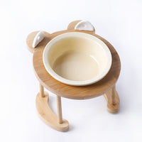 HKM-5118781 Tilted Ceramic Cat and Dog Bowl with Bamboo Stand - Heat-Resistant, Non-Slip Design