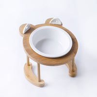 HKM-5118781 Tilted Ceramic Cat and Dog Bowl with Bamboo Stand - Heat-Resistant, Non-Slip Design