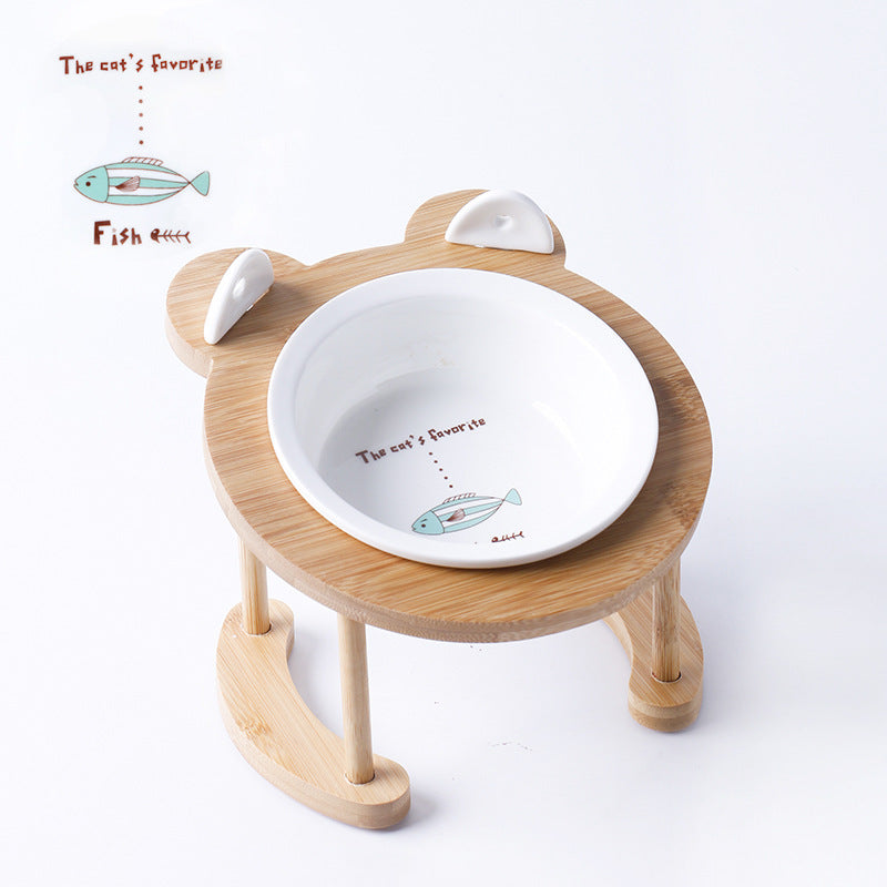 HKM-5118781 Tilted Ceramic Cat and Dog Bowl with Bamboo Stand - Heat-Resistant, Non-Slip Design