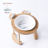 HKM-5118781 Tilted Ceramic Cat and Dog Bowl with Bamboo Stand - Heat-Resistant, Non-Slip Design
