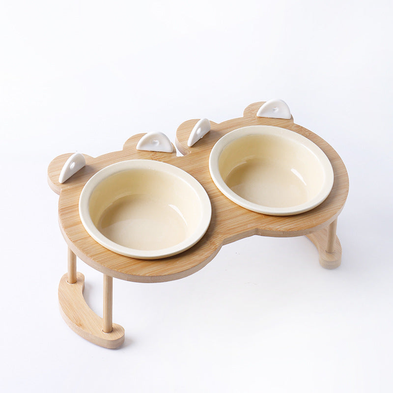 HKM-5118781 Tilted Ceramic Cat and Dog Bowl with Bamboo Stand - Heat-Resistant, Non-Slip Design