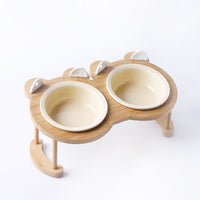 HKM-5118781 Tilted Ceramic Cat and Dog Bowl with Bamboo Stand - Heat-Resistant, Non-Slip Design