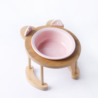 HKM-5118781 Tilted Ceramic Cat and Dog Bowl with Bamboo Stand - Heat-Resistant, Non-Slip Design