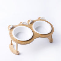 HKM-5118781 Tilted Ceramic Cat and Dog Bowl with Bamboo Stand - Heat-Resistant, Non-Slip Design