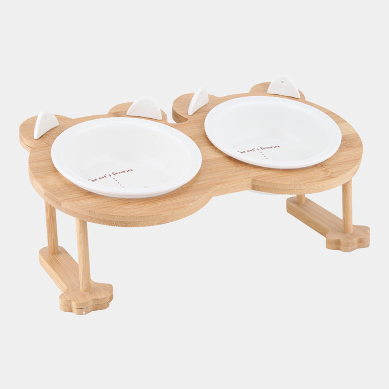HKM-5118781 Tilted Ceramic Cat and Dog Bowl with Bamboo Stand - Heat-Resistant, Non-Slip Design