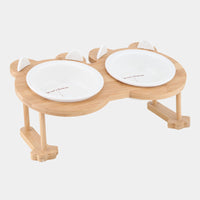 HKM-5118781 Tilted Ceramic Cat and Dog Bowl with Bamboo Stand - Heat-Resistant, Non-Slip Design