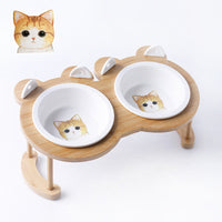 HKM-5118781 Tilted Ceramic Cat and Dog Bowl with Bamboo Stand - Heat-Resistant, Non-Slip Design