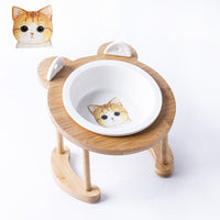 HKM-5118781 Tilted Ceramic Cat and Dog Bowl with Bamboo Stand - Heat-Resistant, Non-Slip Design