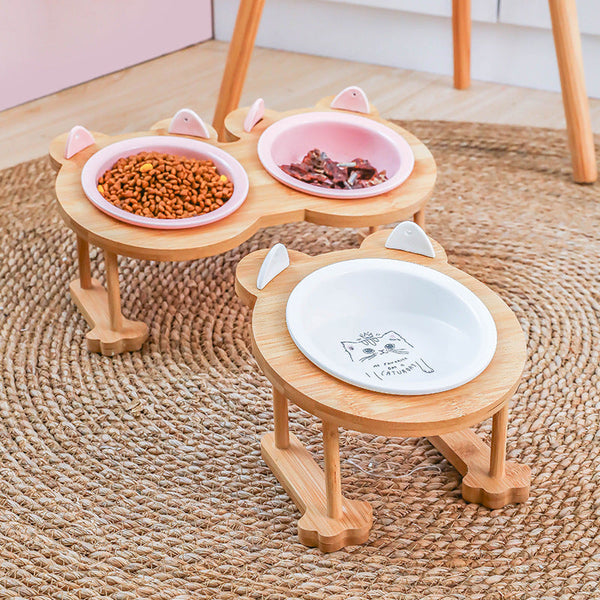 HKM-5118781 Tilted Ceramic Cat and Dog Bowl with Bamboo Stand - Heat-Resistant, Non-Slip Design