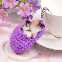HKM-5119037 Sleeping Cat Metal Key Ring with Soft Wool Cloth Attachment