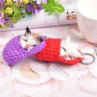 HKM-5119037 Sleeping Cat Metal Key Ring with Soft Wool Cloth Attachment