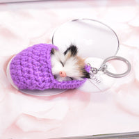 HKM-5119037 Sleeping Cat Metal Key Ring with Soft Wool Cloth Attachment