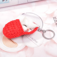 HKM-5119037 Sleeping Cat Metal Key Ring with Soft Wool Cloth Attachment