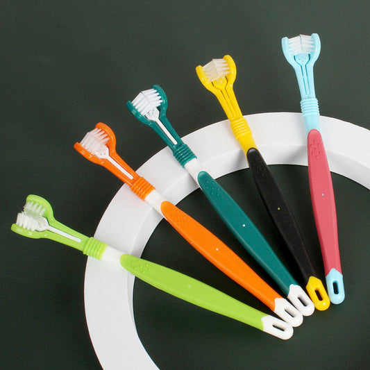 HKM-5120445 Three-Headed Pet Toothbrush for Effective Oral Cleaning - Grass Green, Dark Green, Yellow-Black, Blue-Red, Orange