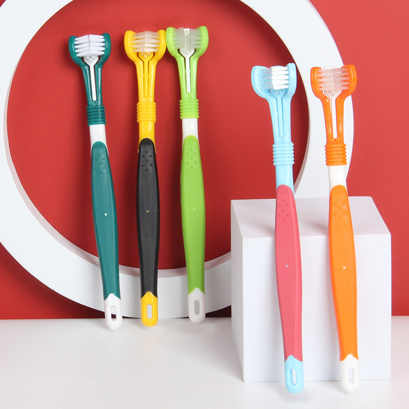 HKM-5120445 Three-Headed Pet Toothbrush for Effective Oral Cleaning - Grass Green, Dark Green, Yellow-Black, Blue-Red, Orange