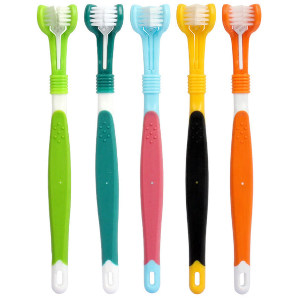 HKM-5120445 Three-Headed Pet Toothbrush for Effective Oral Cleaning - Grass Green, Dark Green, Yellow-Black, Blue-Red, Orange