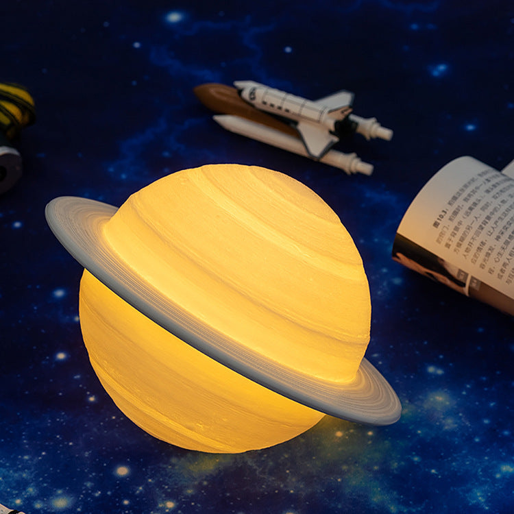 HKM-512339 3D Printed Saturn Lunar Lamp with Remote Control and Solid Wood Support