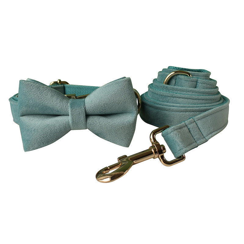 HKM-5124541 Lake Green Velvet Double Layer Dog Collar with Gold Buckle and Leash Set, Bow Included, Sizes S-XL