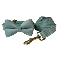 HKM-5124541 Lake Green Velvet Double Layer Dog Collar with Gold Buckle and Leash Set, Bow Included, Sizes S-XL