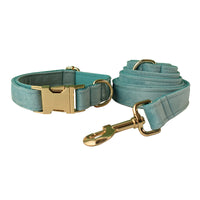 HKM-5124541 Lake Green Velvet Double Layer Dog Collar with Gold Buckle and Leash Set, Bow Included, Sizes S-XL