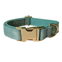 HKM-5124541 Lake Green Velvet Double Layer Dog Collar with Gold Buckle and Leash Set, Bow Included, Sizes S-XL