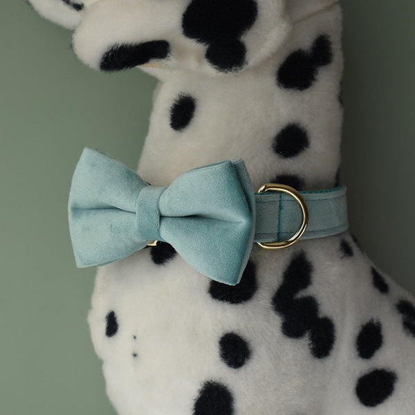 HKM-5124541 Lake Green Velvet Double Layer Dog Collar with Gold Buckle and Leash Set, Bow Included, Sizes S-XL