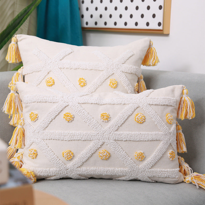 HKM-512851 Hand-Embroidered Geometric Cotton and Linen Cushion Cover with Tassels