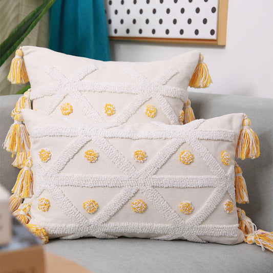 HKM-512851 Hand-Embroidered Geometric Cotton and Linen Cushion Cover with Tassels