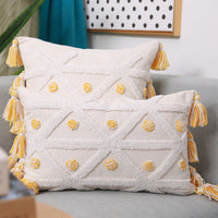 HKM-512851 Hand-Embroidered Geometric Cotton and Linen Cushion Cover with Tassels