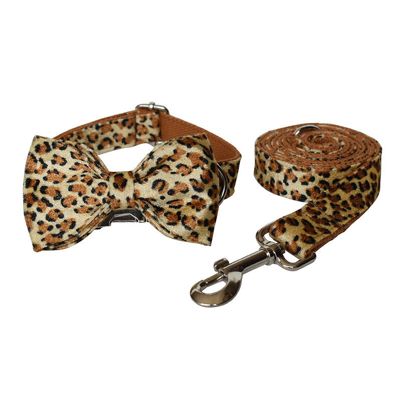 HKM-5130301 Leopard Print Zinc Alloy Dog Collar with Adjustable Leash and Bow Accessories