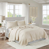 HKM-513043 Reversible Scalloped Edge Quilt Set, Cream, King/Cal King with Matching Shams, Lightweight Microfiber