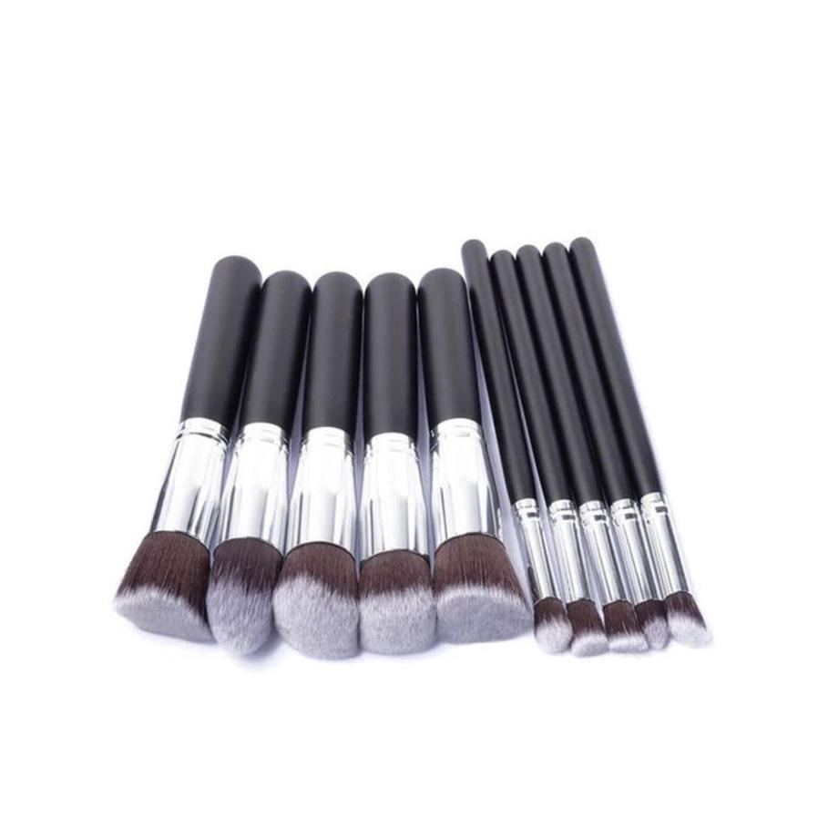 HKM-513107 Portable Makeup Brush Set with Wooden Handles - 10-Piece Collection in Gold and Silver Variants