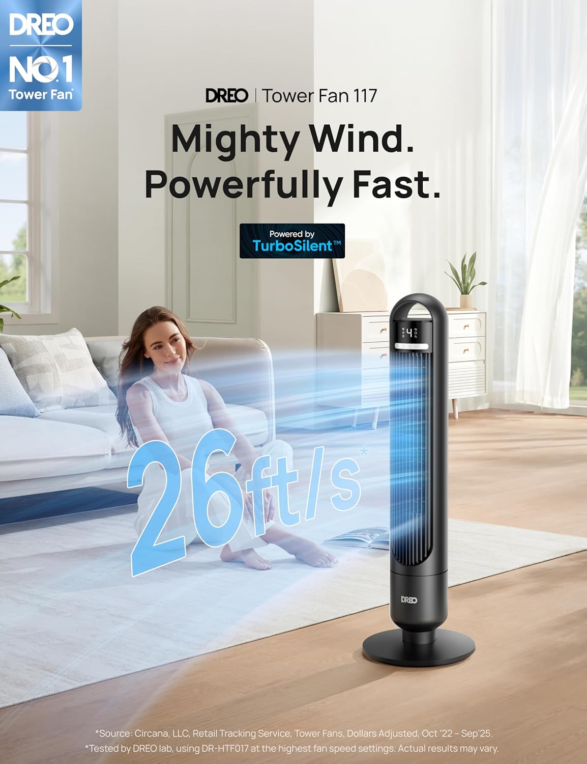 HKM-5131603 Tower Fan, 90° Oscillating, 4 Speeds, 3 Modes, 28dB Quiet, 26ft/s Air Velocity, 8H Timer, Remote Control, Black