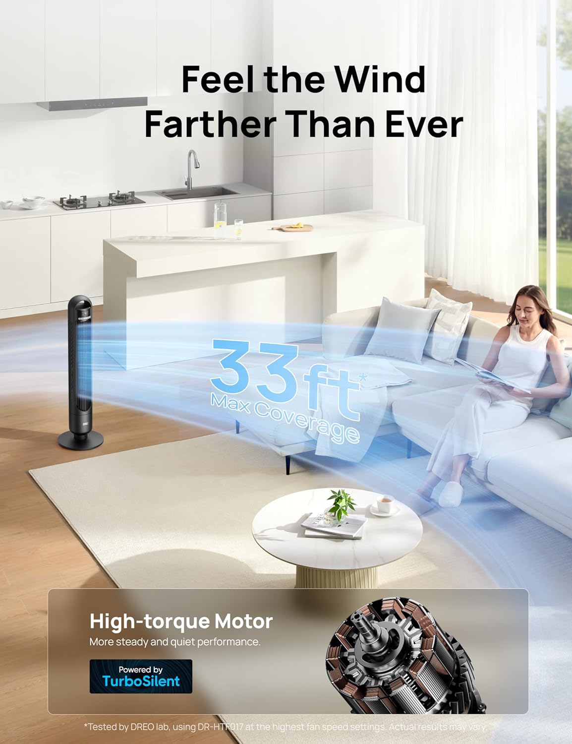 HKM-5131603 Tower Fan, 90° Oscillating, 4 Speeds, 3 Modes, 28dB Quiet, 26ft/s Air Velocity, 8H Timer, Remote Control, Black