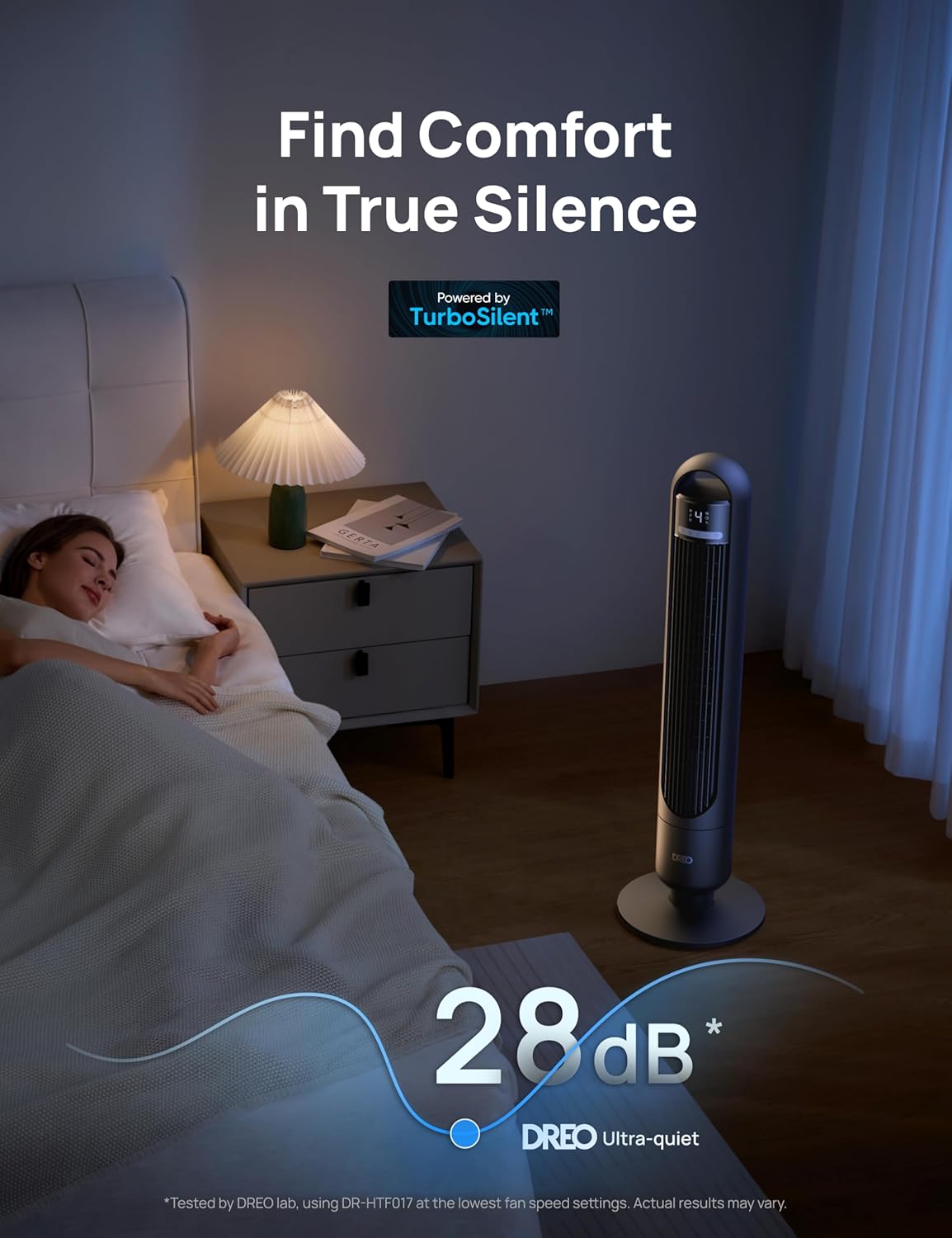 HKM-5131603 Tower Fan, 90° Oscillating, 4 Speeds, 3 Modes, 28dB Quiet, 26ft/s Air Velocity, 8H Timer, Remote Control, Black