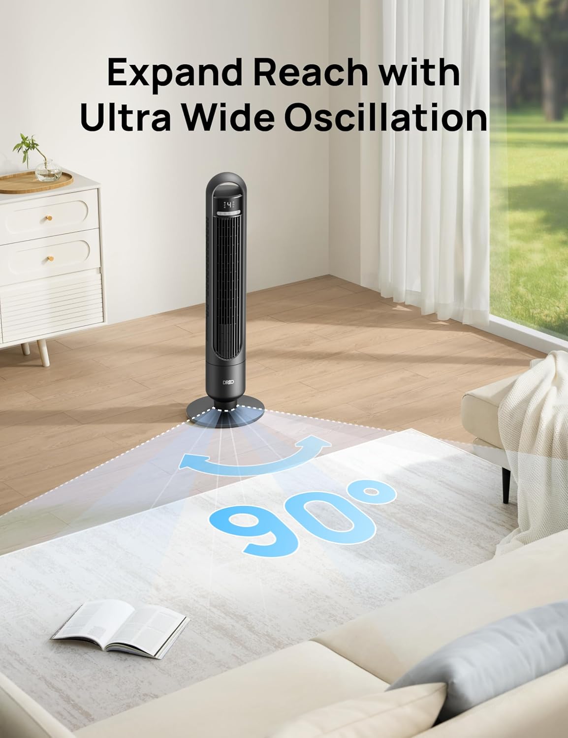 HKM-5131603 Tower Fan, 90° Oscillating, 4 Speeds, 3 Modes, 28dB Quiet, 26ft/s Air Velocity, 8H Timer, Remote Control, Black