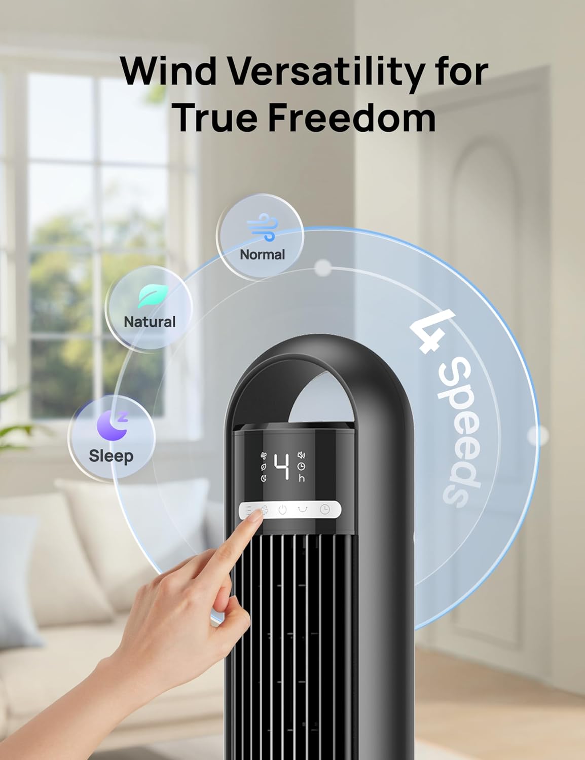 HKM-5131603 Tower Fan, 90° Oscillating, 4 Speeds, 3 Modes, 28dB Quiet, 26ft/s Air Velocity, 8H Timer, Remote Control, Black