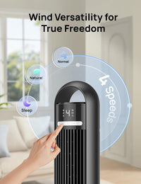 HKM-5131603 Tower Fan, 90° Oscillating, 4 Speeds, 3 Modes, 28dB Quiet, 26ft/s Air Velocity, 8H Timer, Remote Control, Black