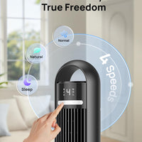 HKM-5131603 Tower Fan, 90° Oscillating, 4 Speeds, 3 Modes, 28dB Quiet, 26ft/s Air Velocity, 8H Timer, Remote Control, Black