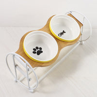 HKM-5134269 Bamboo and Wood Pet Bowl Stand with Double Ceramic Bowls for Cats and Small Dogs